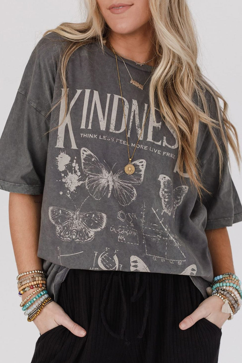 Dark Grey Kindness Butterflies Graphic Mineral Wash Loose Tee T Shirts 83144b91cfe1c59e