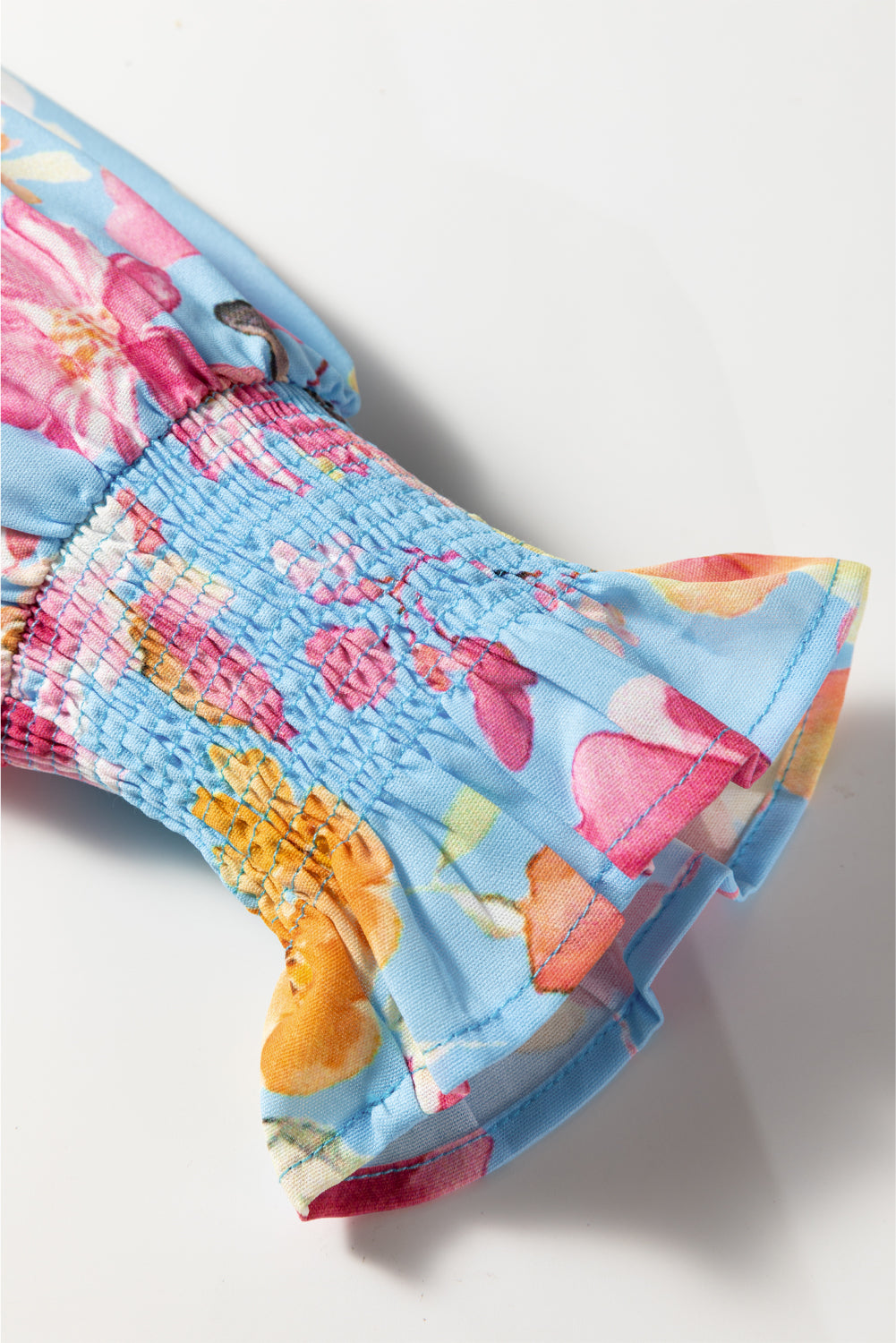 Sky Blue Floral Smocked Cuff Flounce Sleeve V Neck Blouse Blouses 832cd8920213e9c2