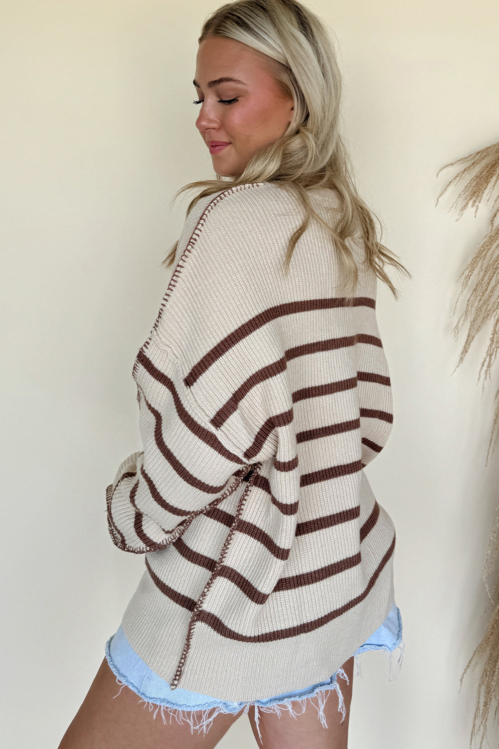 Brown Striped Exposed Seam Loose Henley Sweater Sweaters 8332e04cff8300e6