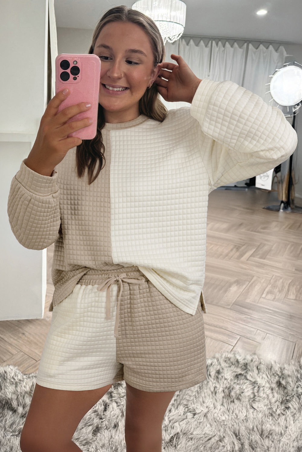 Khaki Color Block Patchwork Textured Long Sleeve Top and Shorts Set Two Piece Shorts Sets 8381e49ba7a55e60