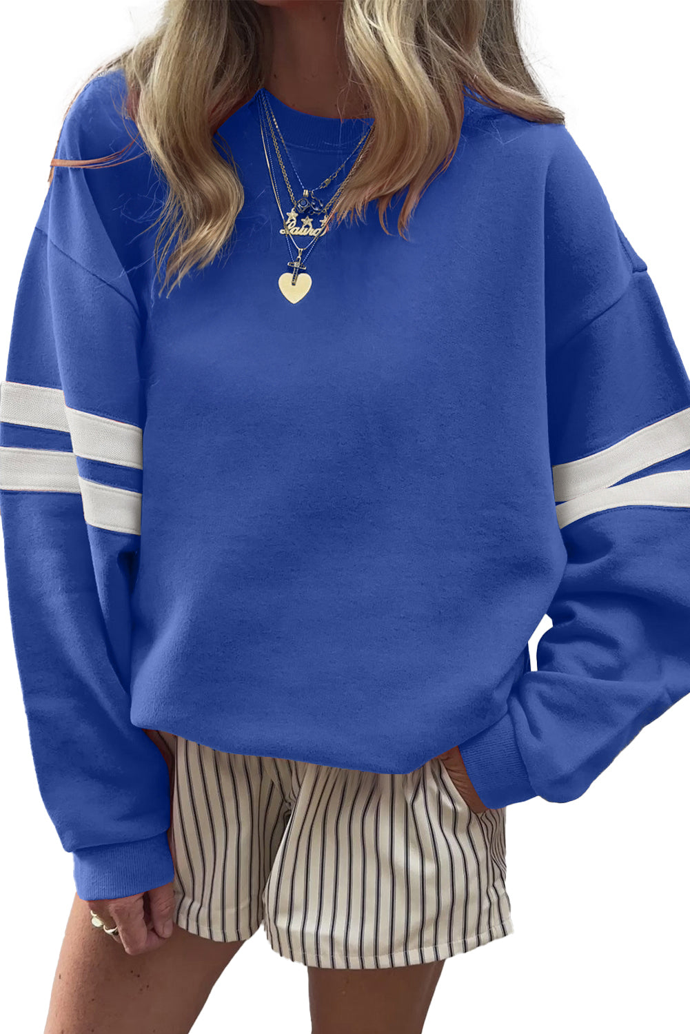 White Preppy Striped Sleeve Loose Sweatshirt Sweatshirts & Hoodies 83c6239bb8b16f5a