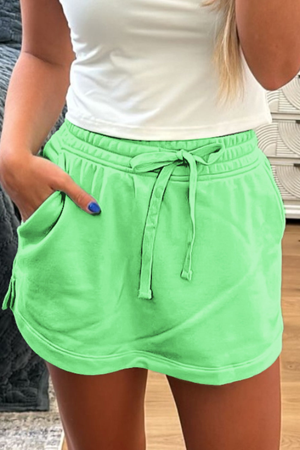 Light Green French Terry Drawstring Mini Skort with Pockets Shorts 83f5a9eb317fa0c6