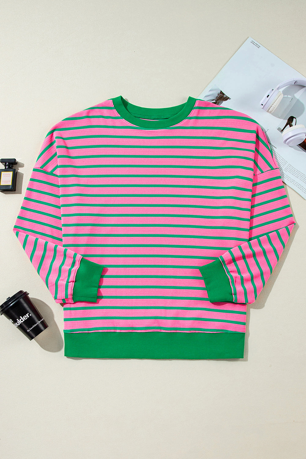 Pink Stripe Waffle Knit Crew Neck Plus Size Sweatshirt Plus Size Tops 83f735f42110672e