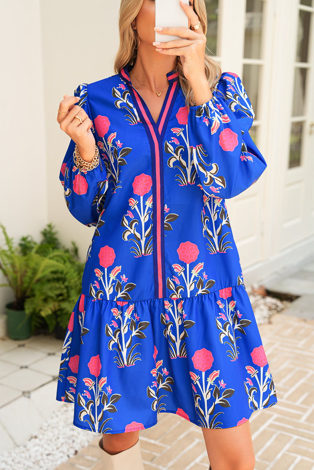 Sky Blue Floral Print Pop of Color V Neck Mini Dress Short Dresses 83fc7c229610ea37