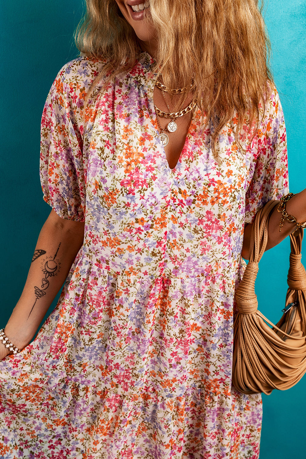 Red Floral Print Notched V Neck Puff Sleeve Tiered Mini Dress Short Dresses 84026c98295d32b2