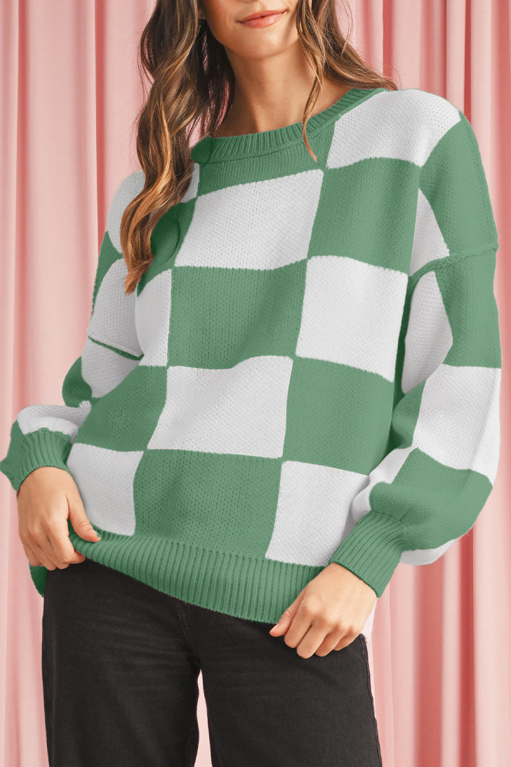Green Checkered Bishop Sleeve Pullover Sweater Sweaters 8420c87adc205b0c
