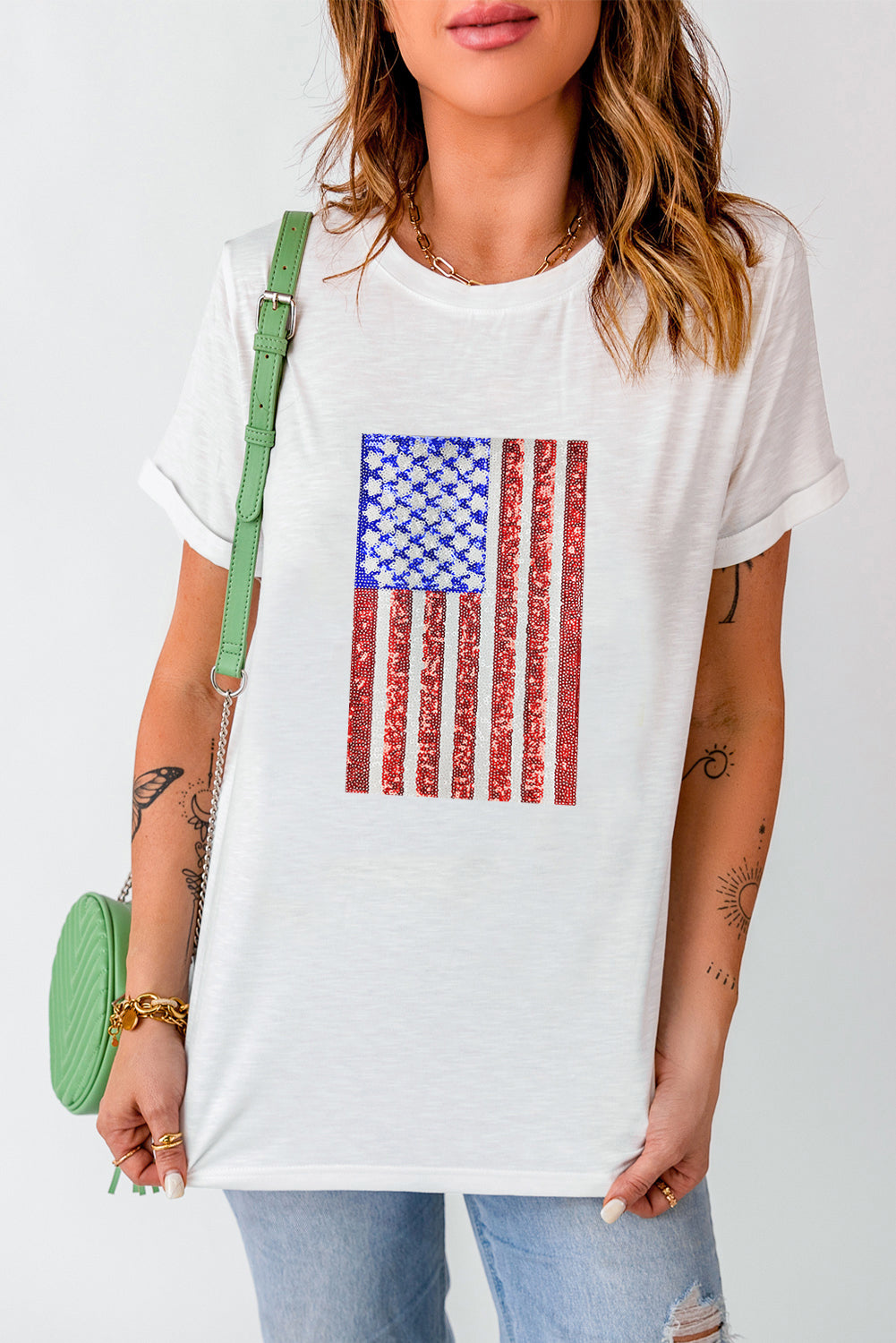 White Shimmery USA Flag Graphic Round Neck Tee Graphic Tees 847c9f4928a5791e