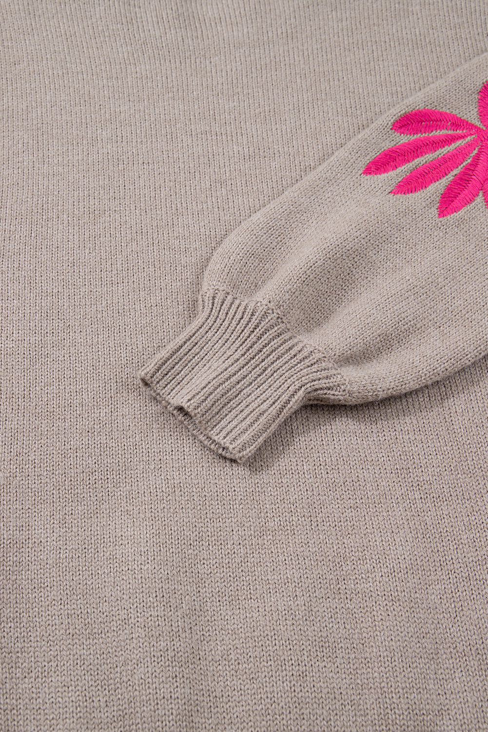 Simply Taupe Embroidered Floral Sleeve Round Neck Loose Sweater Sweaters 848cecdd675598ec