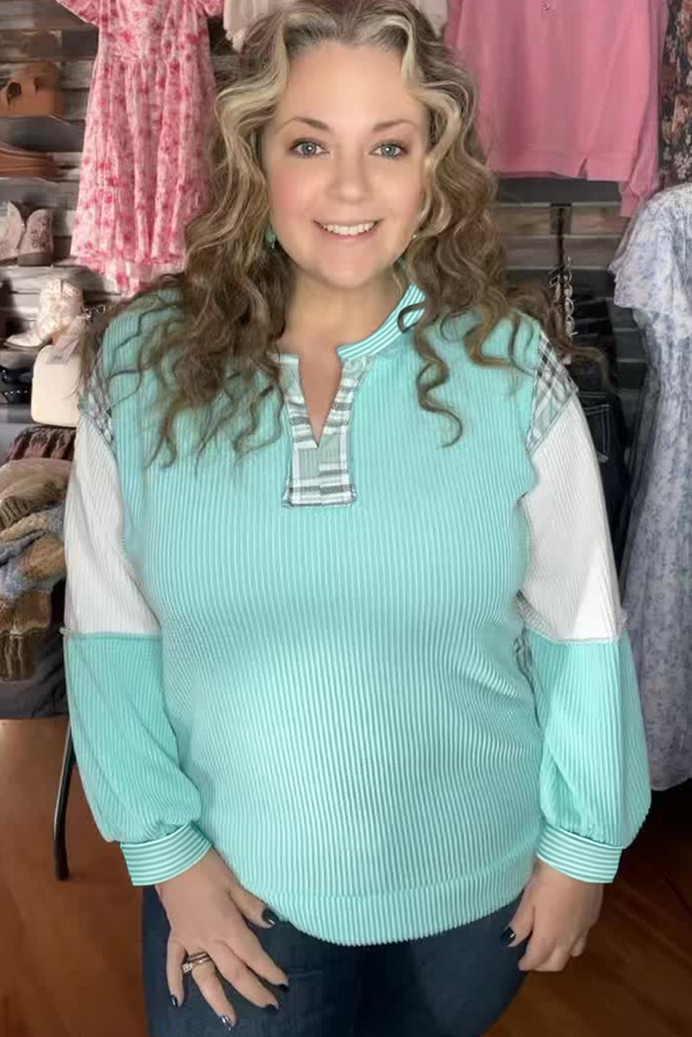 Aruba Blue Twist Ribbed Colorblock Plaid Patchwork Plus Size Top Plus Size Tops 849e7c6153998479