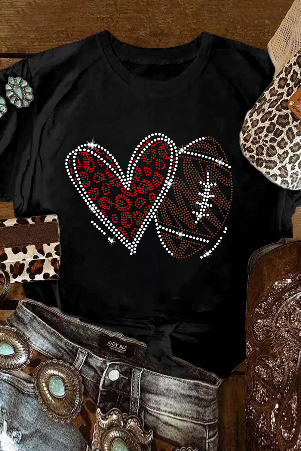 Black Rhinestone Rugby Heart Shape Graphic Crewneck T Shirt Graphic Tees 84e27cdae5ebd204