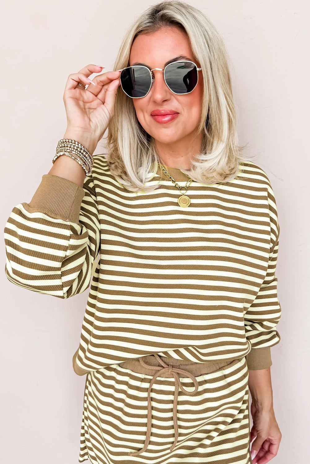 Brown Stripe Textured Drop Shoulder Pullover Top Drawstring Mini Skirt Two Piece Dress Set Two Piece Skirt Sets 85137cbe9eee743b