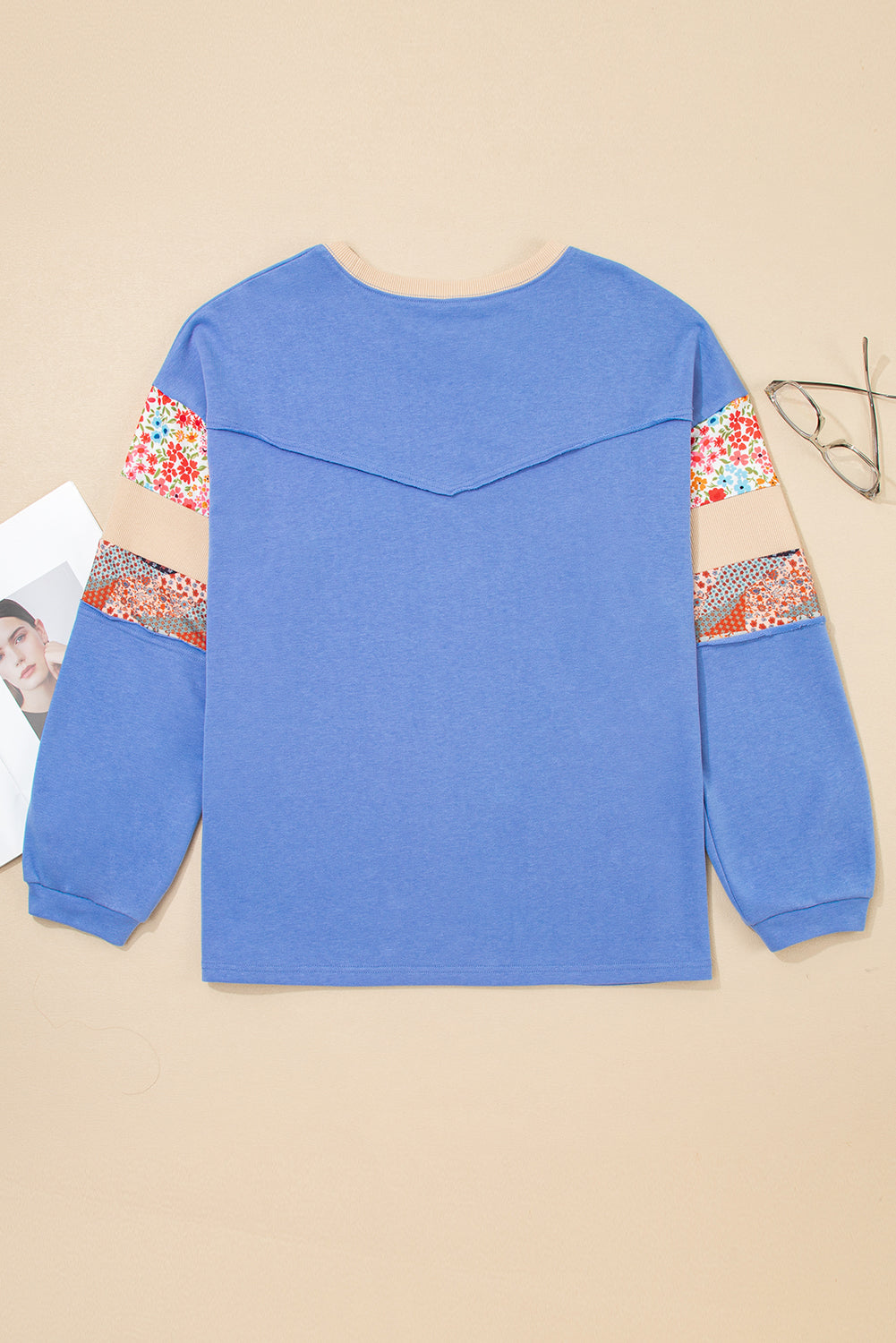 Blue Exposed Seam Floral Mixed Patchwork Plus Size Top Plus Size Tops 855d410dce5b0d9e