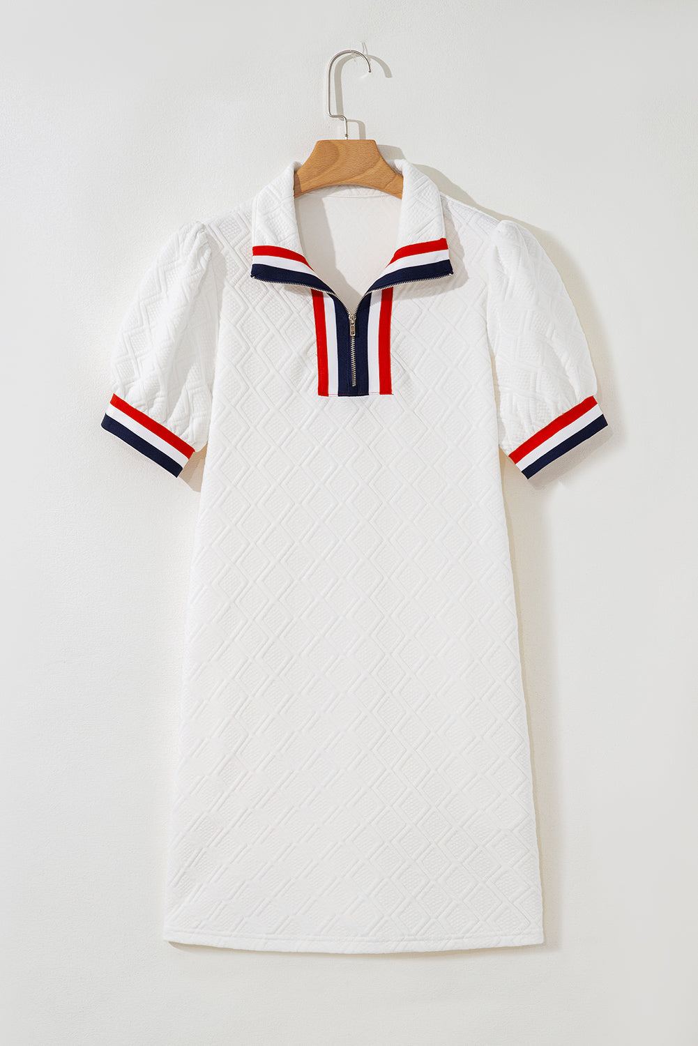 White Pop of Color Neckline Plaid Textured Puff Sleeve Mini Dress Short Dresses 85a98e4fda48a1e9