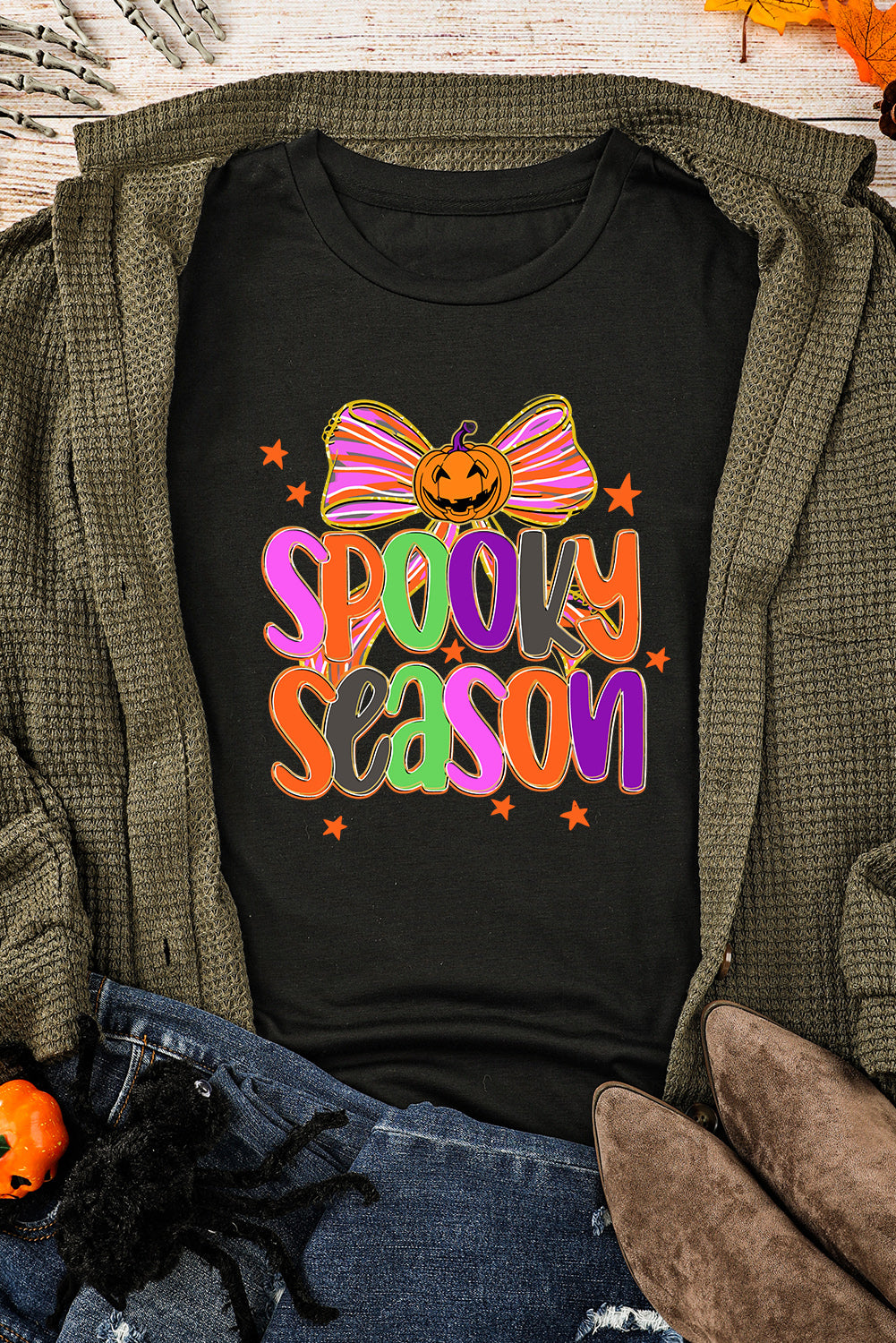 Black SPOOKY SEASON Halloween Pumpkin Bow Heat Transfer Printing T Shirt Graphic Tees 85ab7cca3d0ba8f9