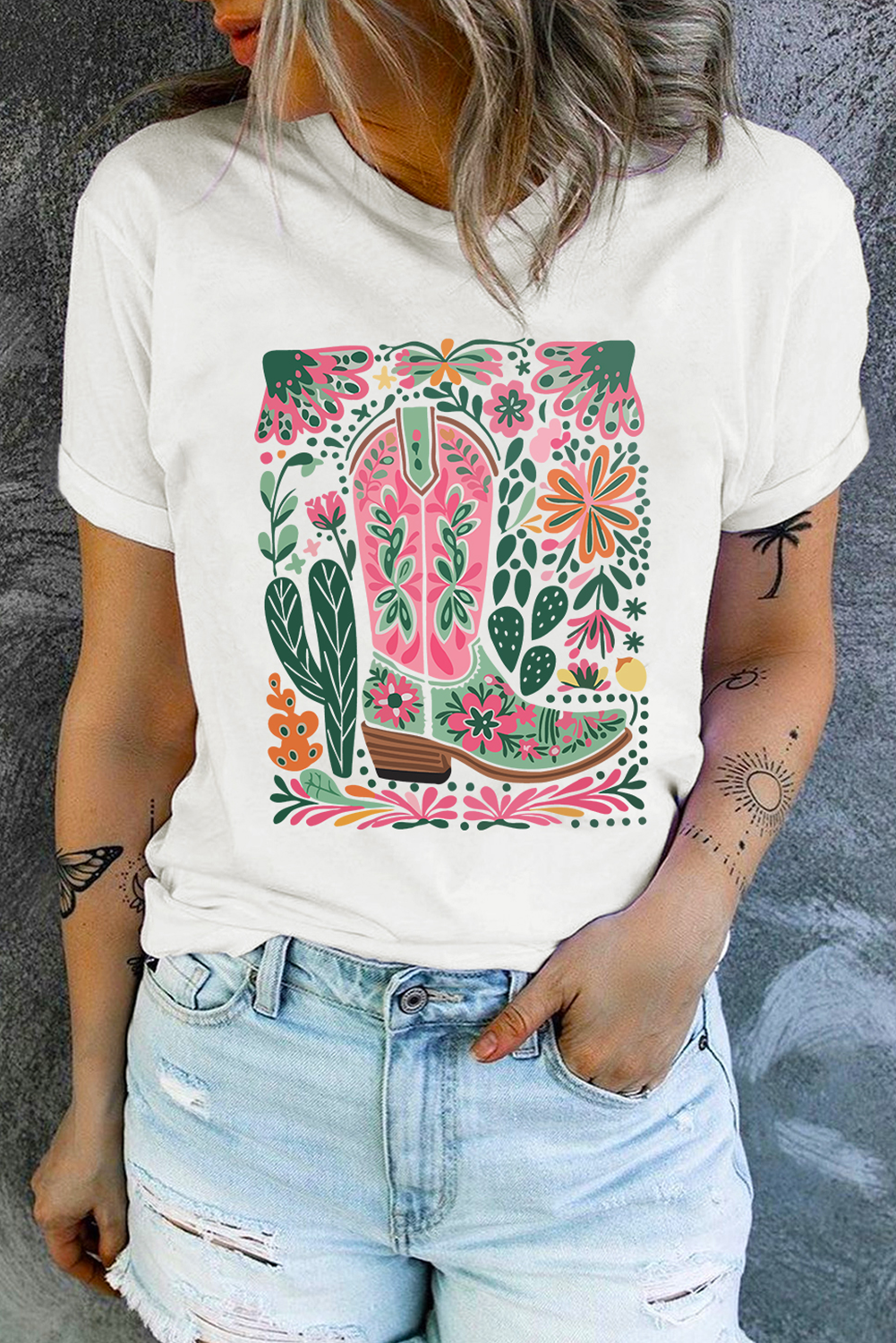 White Boots Flower Heat Transfer Printing Crew Neck Graphic Loose Tee Graphic Tees 85dd1f91ac78d887