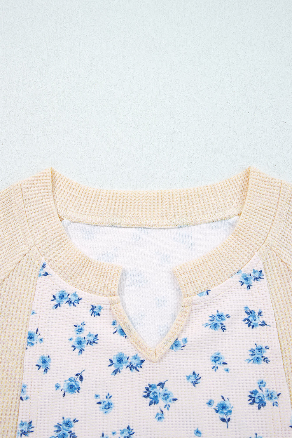 Beige Floral Print Waffle Patchwork Balloon Sleeve V Neck Oversized Top Long Sleeve Tops 85f7df6c4d89ddb8