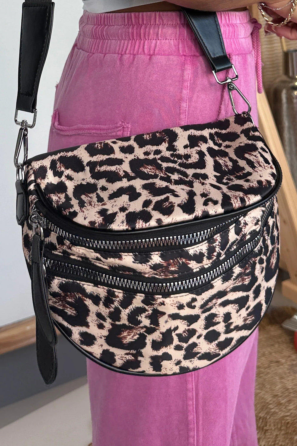 Coffee Leopard Print Double Zipper Crossbody Bag Crossbody Bags 85fb194ae34a8d0e