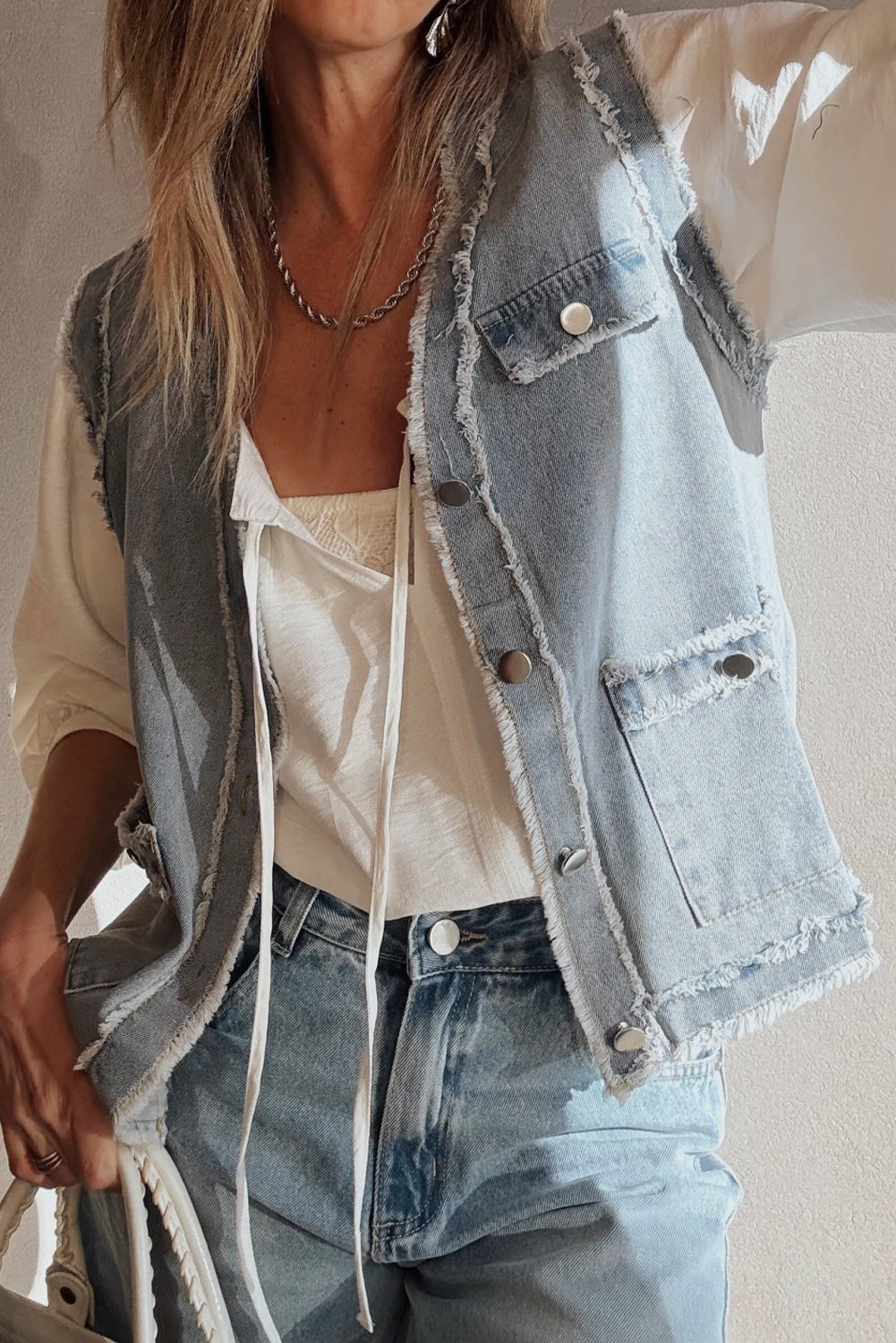 Beau Blue Frayed Edge Flap Pockets Denim Vest Jacket Jackets 85ffd9f898b24c77