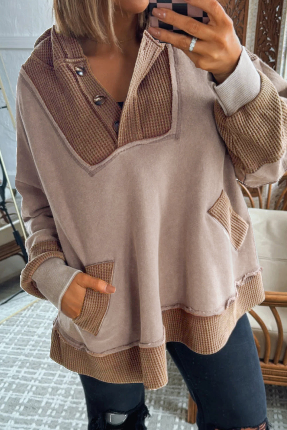 Goat Waffle Patchwork Exposed Seam Oversized Hoodie Sweatshirts & Hoodies 863a5d5df2952859