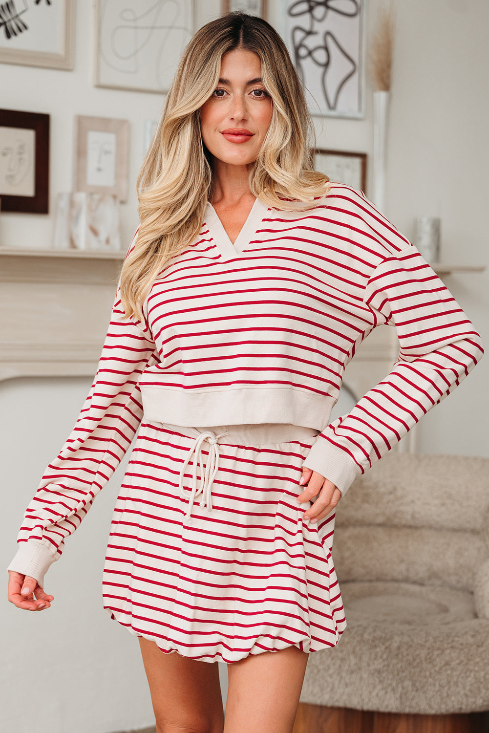 Red Stripe Cropped Collared Drop Shoulder Pullover and Bubble Mini Skirt Set Two Piece Skirt Sets 86571eeba209a056