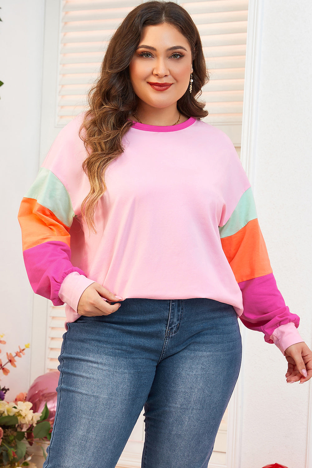 Pink Colorblock Long Sleeve Plus Size Top Plus Size Tops 8699f9ad94e37738