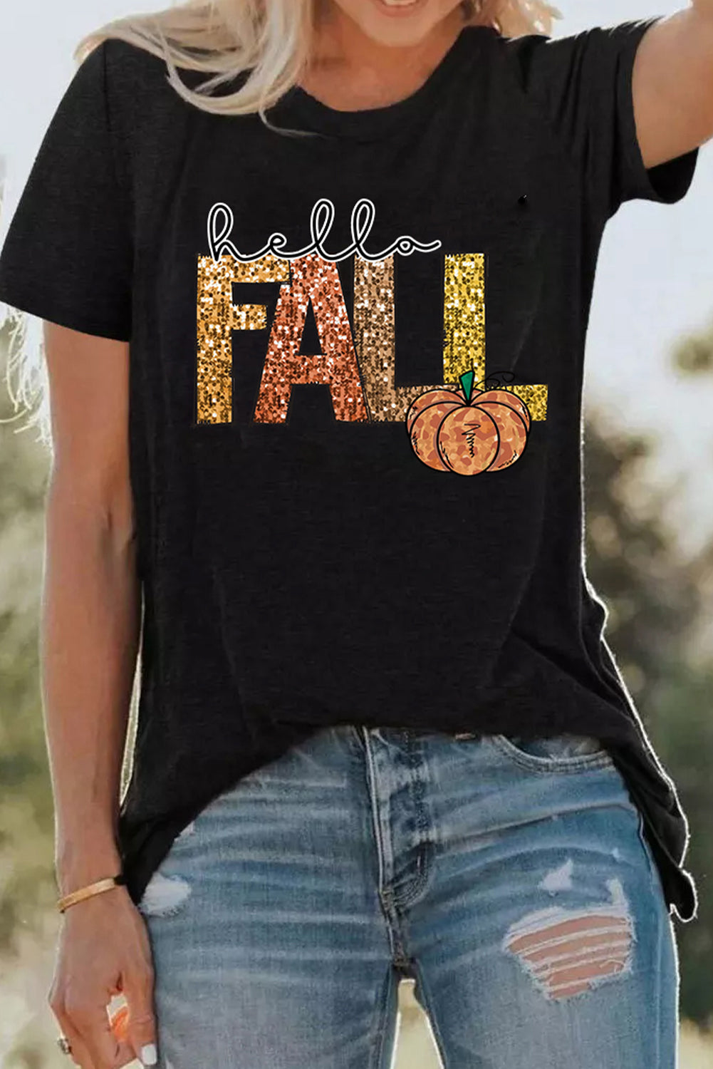 Black Hello Fall Letter Pumpkin Heat Transfer Printing T Shirt Graphic Tees 86ea2aaa44c9d1e1