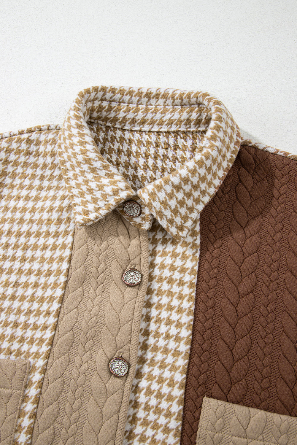 Khaki Houndstooth Textured Patchwork Loose Shacket Jackets 86f6b30d1d3cf498