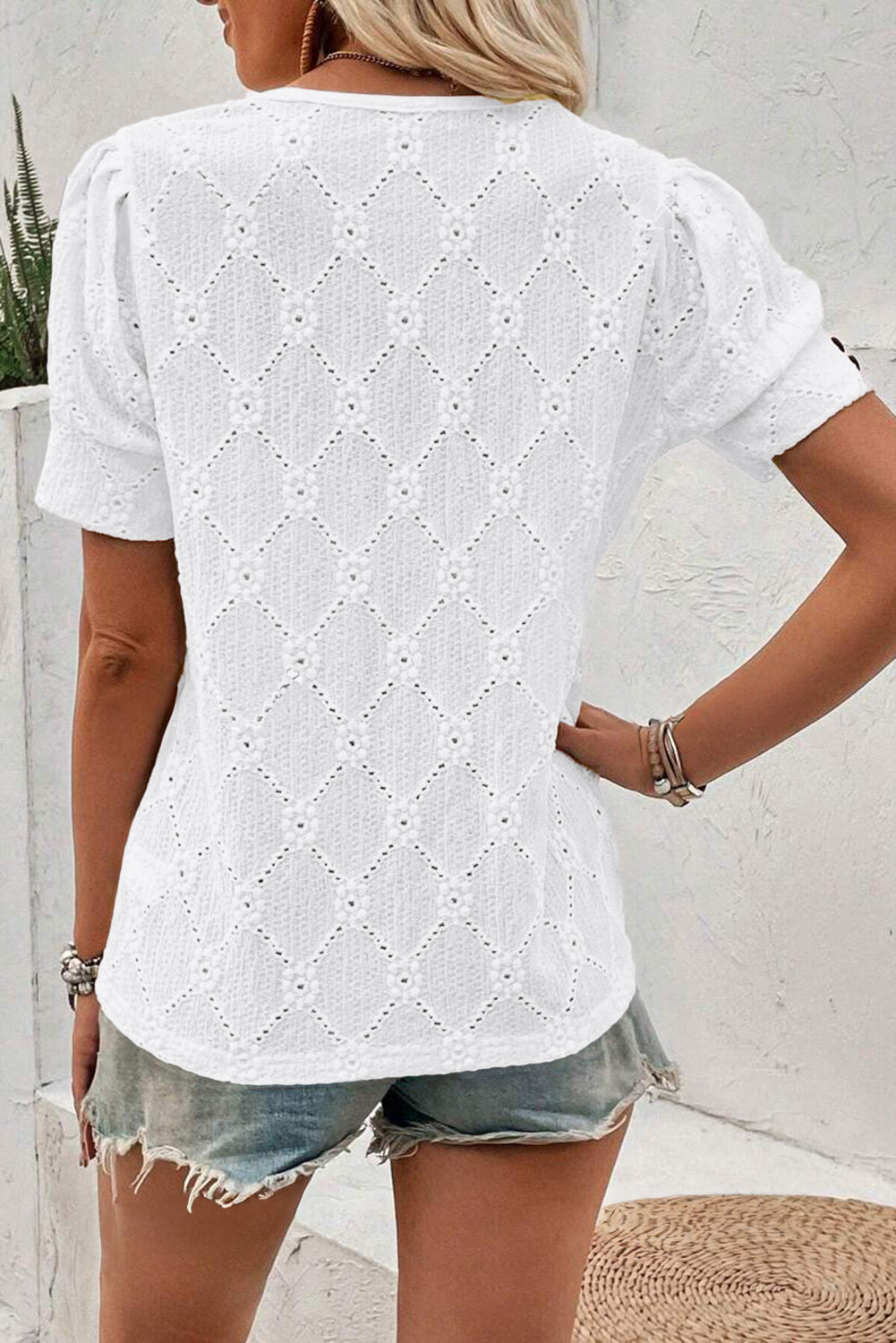 White Embroidered Floral Geometric Button Short Sleeve Top Blouses 87356f62a1379f62