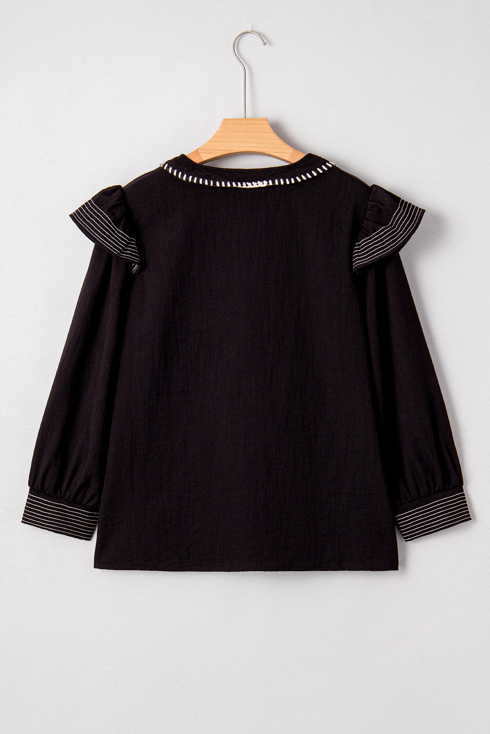Black Contrast Stitched Detail V Neck Ruffle Long Sleeve Blouse Blouses 87581b144d9a9fe2