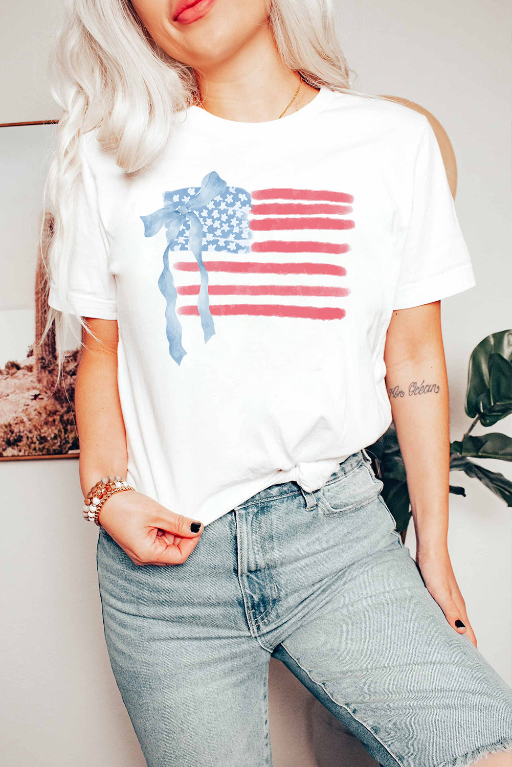 White American Flag Bow Knot Heat Transfer Printing Crew Neck T Shirt Graphic Tees 876d6832700cf1ee