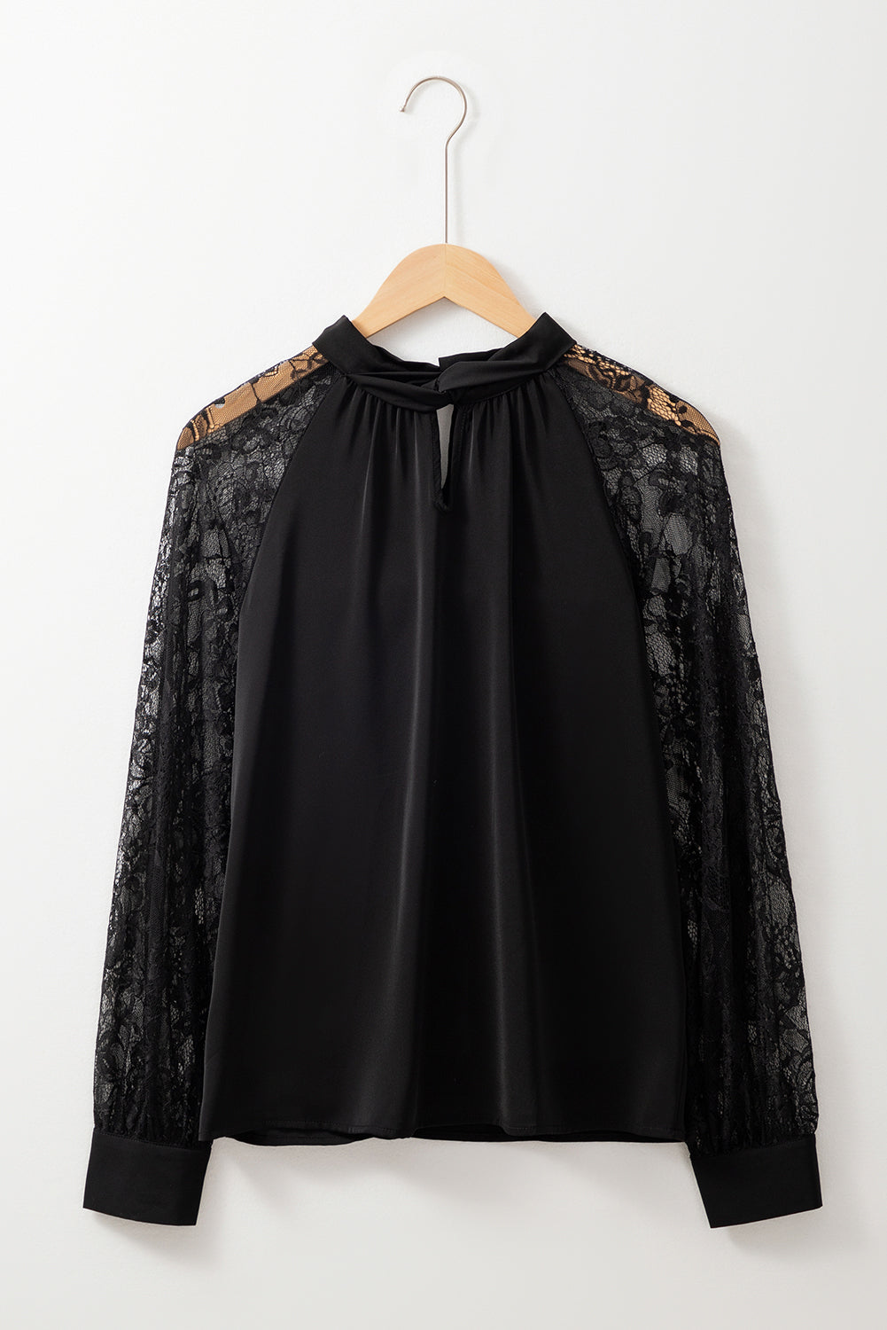Black Keyhole Neckline Lace Splicing Raglan Sleeve Blouse Blouses 8788a1e56cdac095