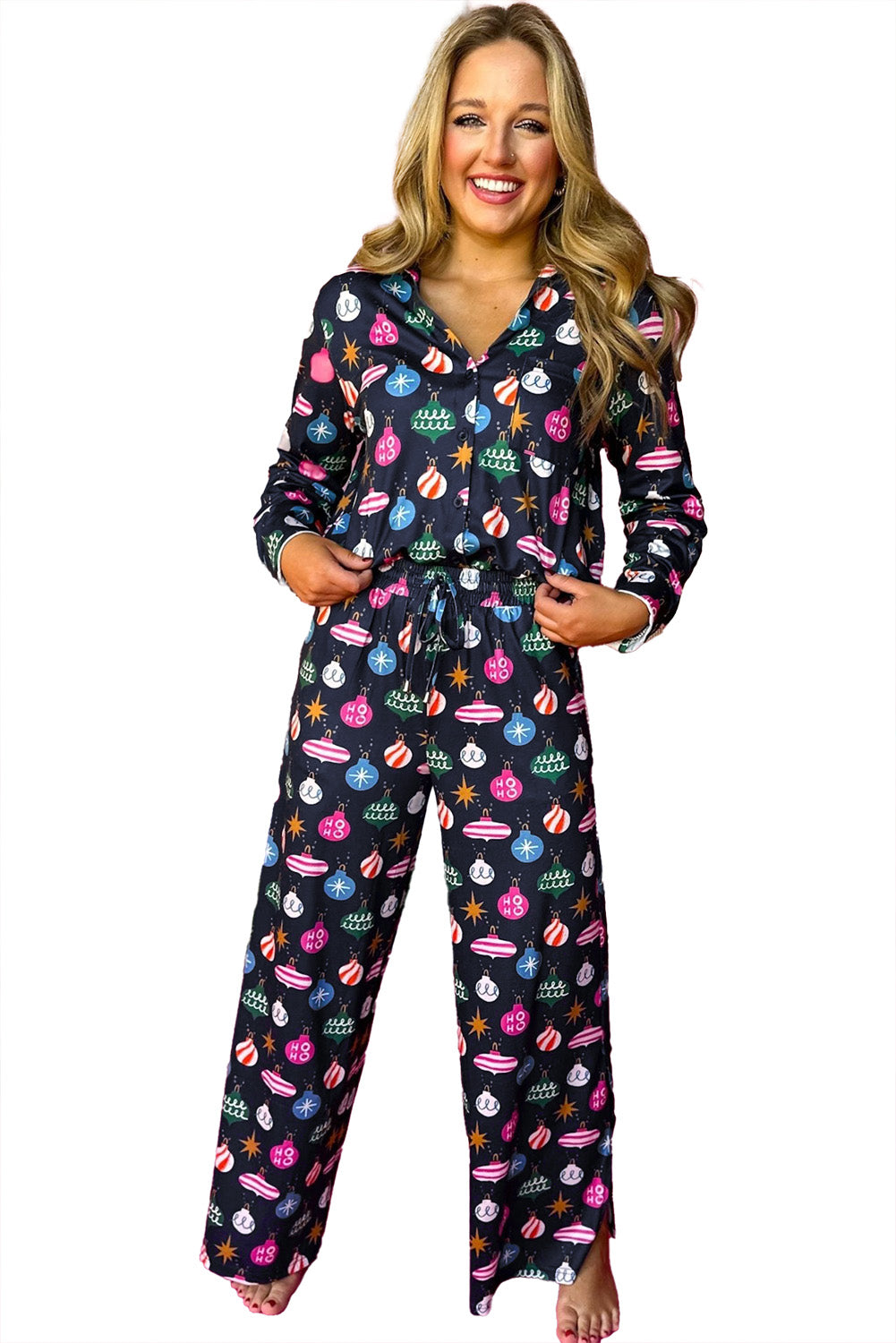 Navy Blue Colorful Christmas Lights Print Shirt and Pants Pajama Set Loungewear Set 87d72c00ddac46ce