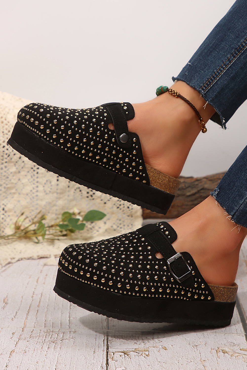 Black Vintage Studded Platform Slippers Slides Shoes + Flip Flops 8818a6f508fc934e
