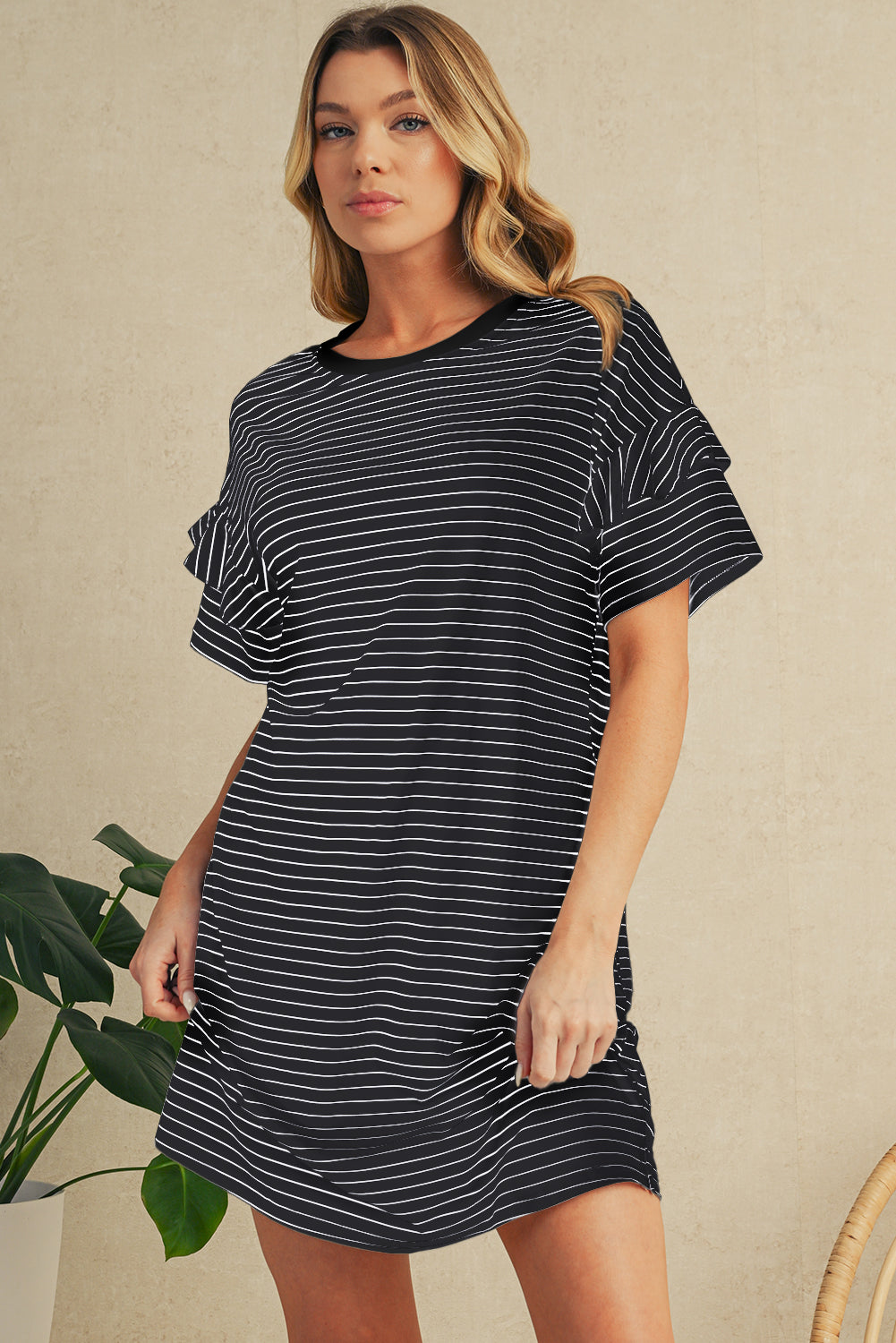 Green Stripe Ruffle Short Sleeve T Shirt Mini Dress Short Dresses 88ace0f706e30085