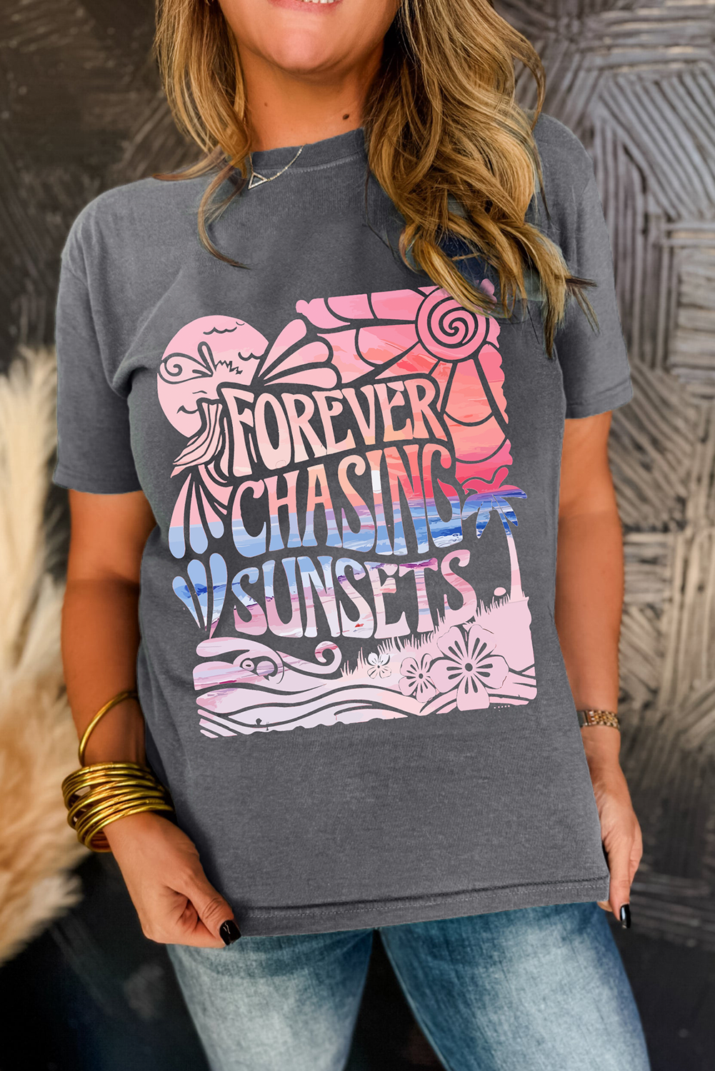 Gray FOREVER CHASING SUNSETS Heat Transfer Printing Graphic Summer T Shirt Graphic Tees 88c5a92e82989000