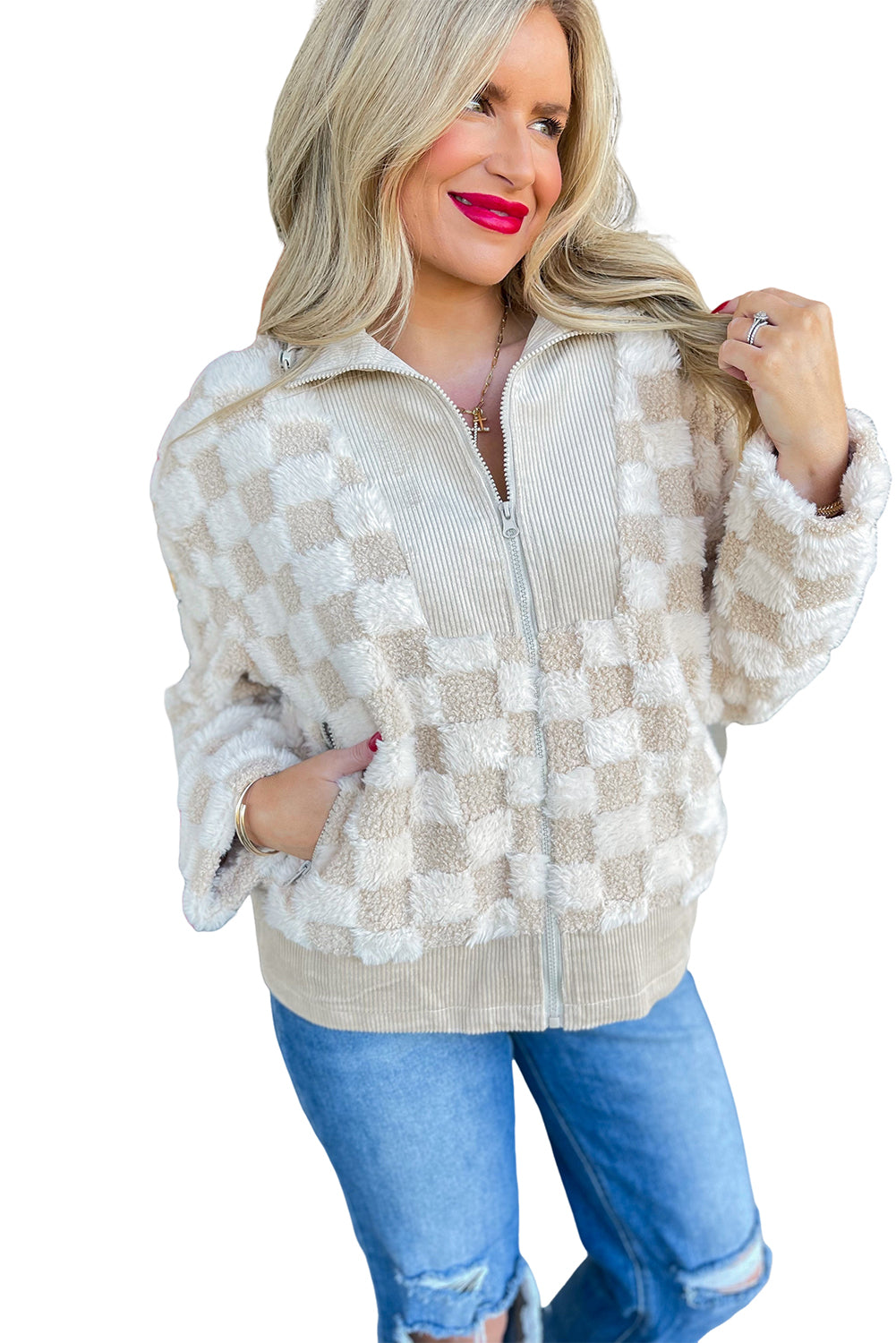 Khaki Checkered Sherpa Corduroy Patchwork Zip-up Collared Jacket Jackets 88d77fd9bd120bcb