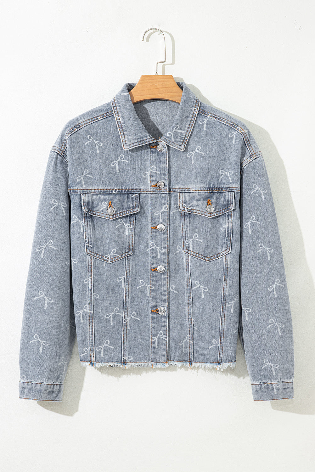Sky Blue Bow Print Light Wash Raw Hem Denim Jacket Jackets 88f6f04dca1e3576