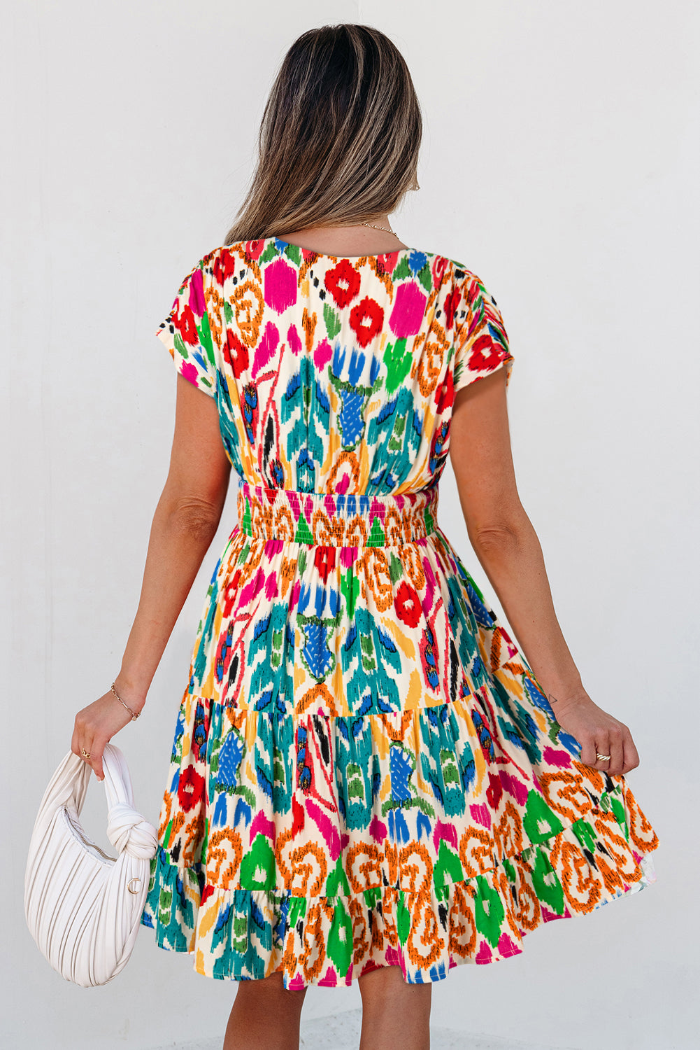 Sky Blue Abstract Print V Neck Dolman Sleeve Ruffle Tiered Mini Dress Short Dresses 890f99d2c23d439b