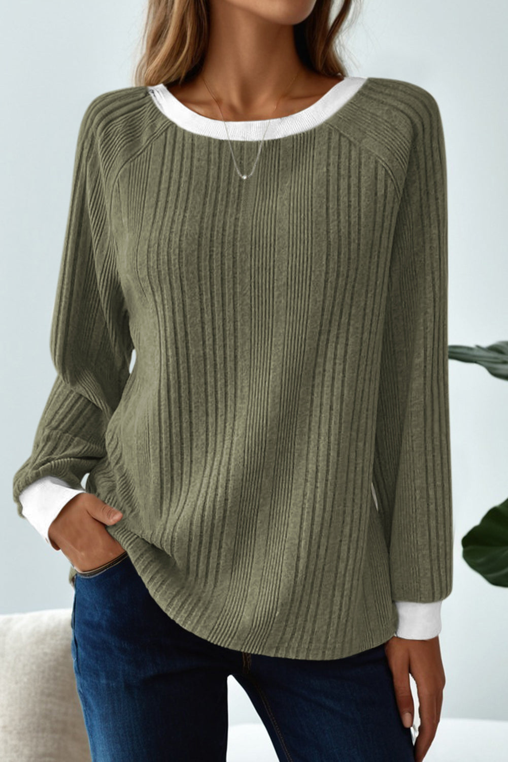 Moss Green Rib Texture Contrast Trim Round Neck Long Sleeve Top T Shirts 8910b9799146eef0