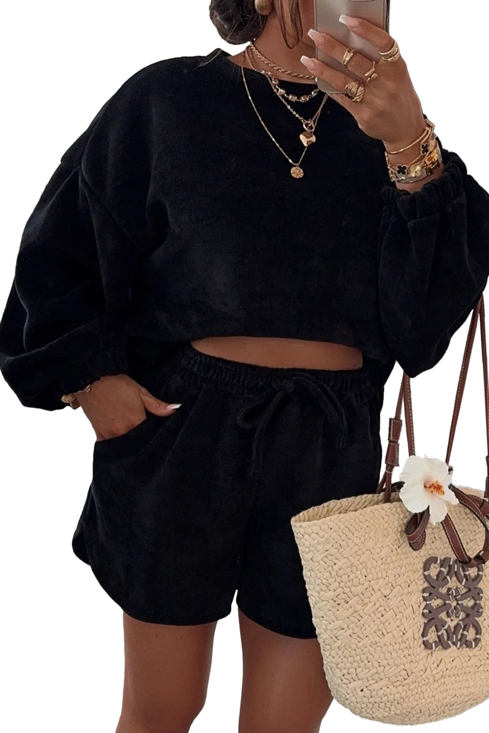 Black Textured Knit Drop Shoulder Pullover Drawstring Shorts Set Two Piece Shorts Sets 896a2d959092bcab