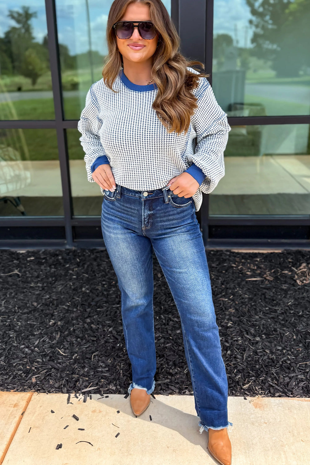 Dark Blue Waffle Knit Exposed Stitching Casual Top Long Sleeve Tops 898b7c299ca5fa3b