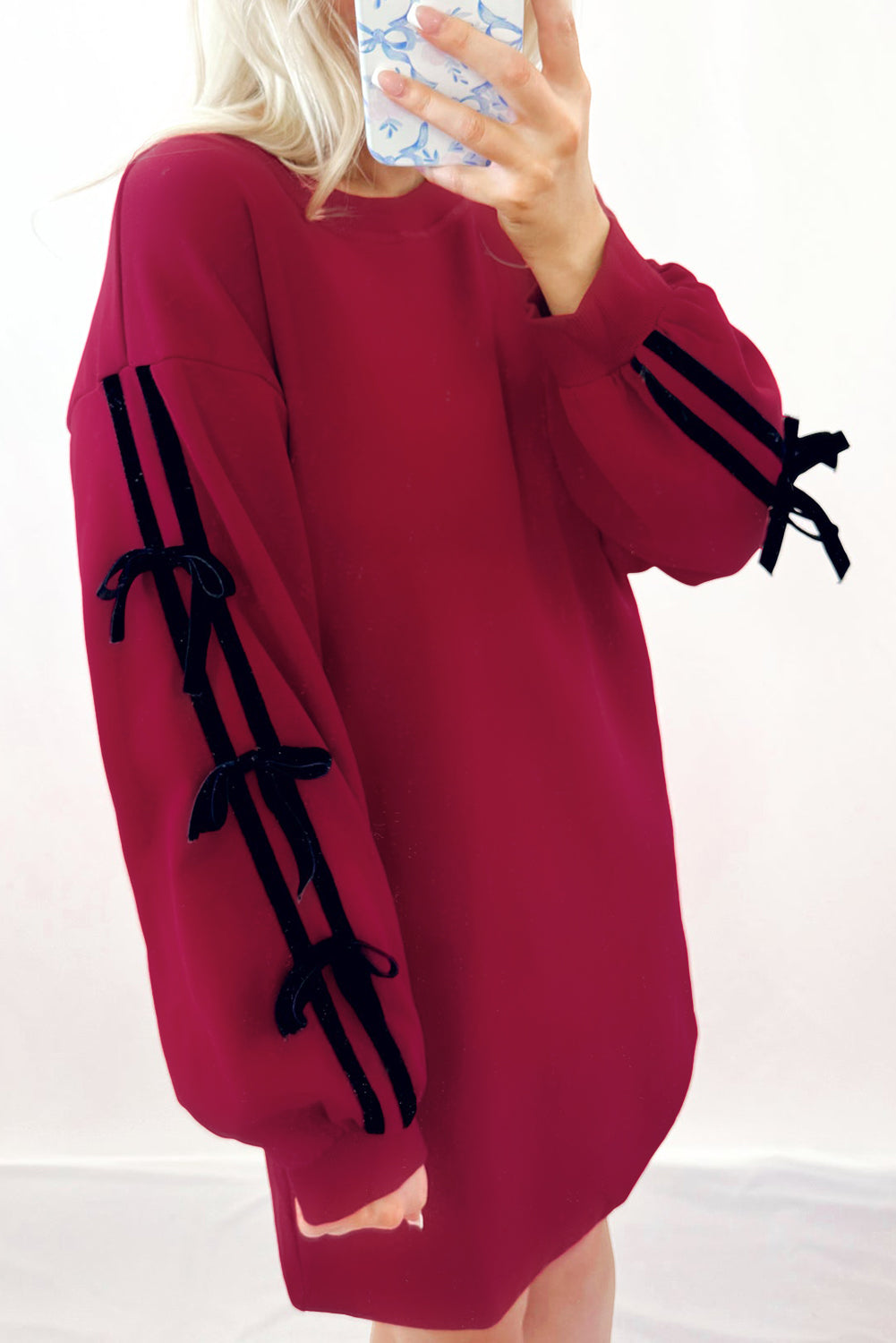 Racing Red Contrast Striped Bow Detail Drop Shoulder Sweatshirt Dress with Pockets Mini Dresses 89a6d1a491314c3c