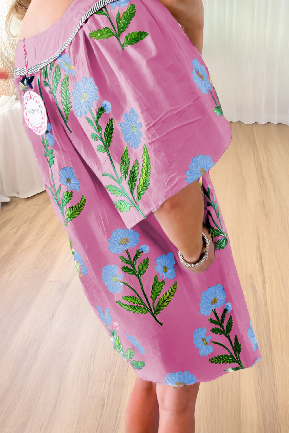 Rose Striped Trim Short Sleeve Split Neck Floral Mini Dress Short Dresses 89b81adf00eb1be5