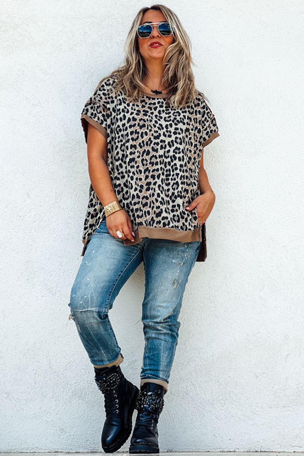 Khaki Leopard Contrast Trim Short Sleeve Loose Plus Size Top Plus Size Tops 89bee76e15a46559