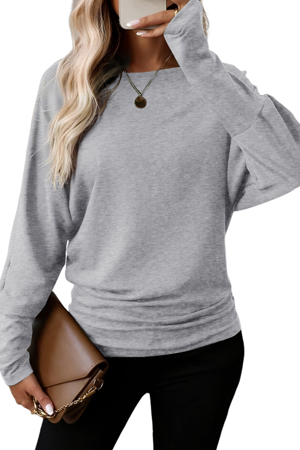 Light Grey Solid Color Round Neck Dolman Sleeve Top Long Sleeve Tops 8a17bc038c311165