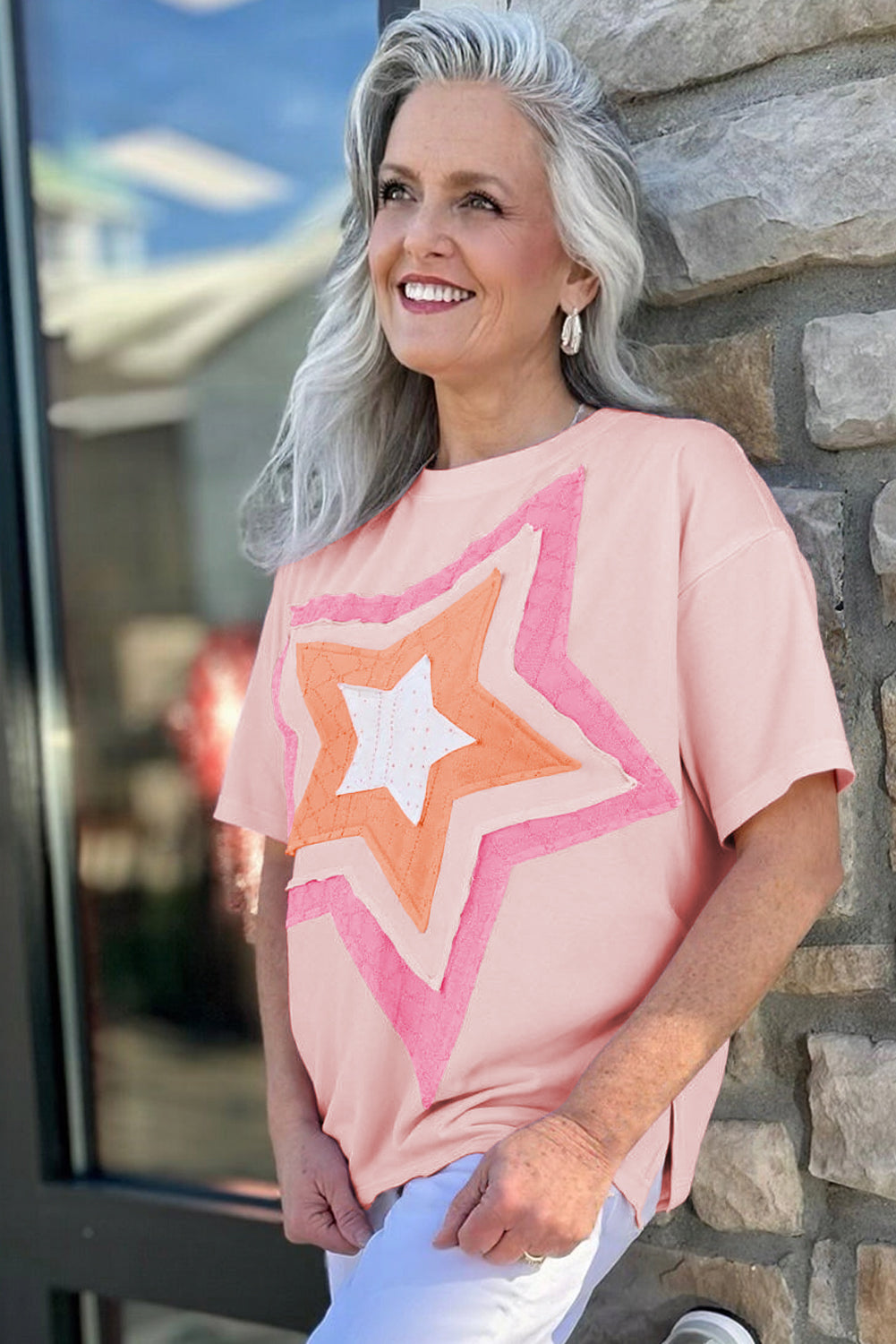 Light Pink Eyelet Colorblock Star Applique Plus Size T Shirt Plus Size Tops 8a33198204c336d5