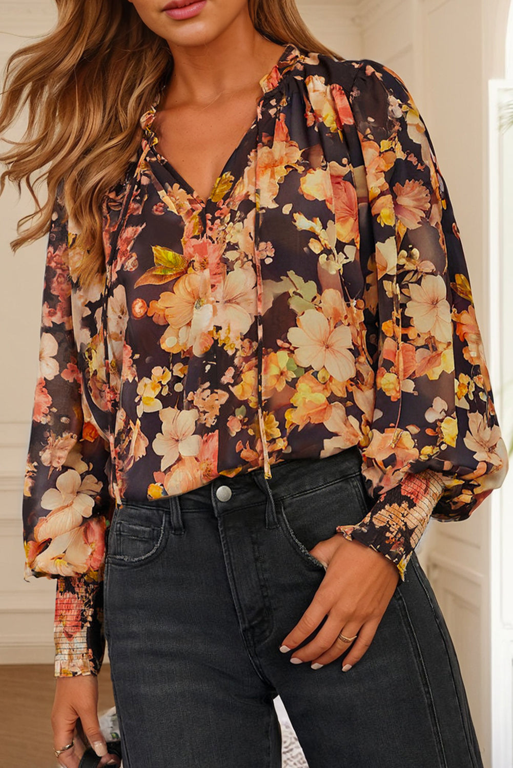 Black Floral V Neck Long Puff Sleeve Breezy Blouse Blouses 8a3df5db440a0d0e