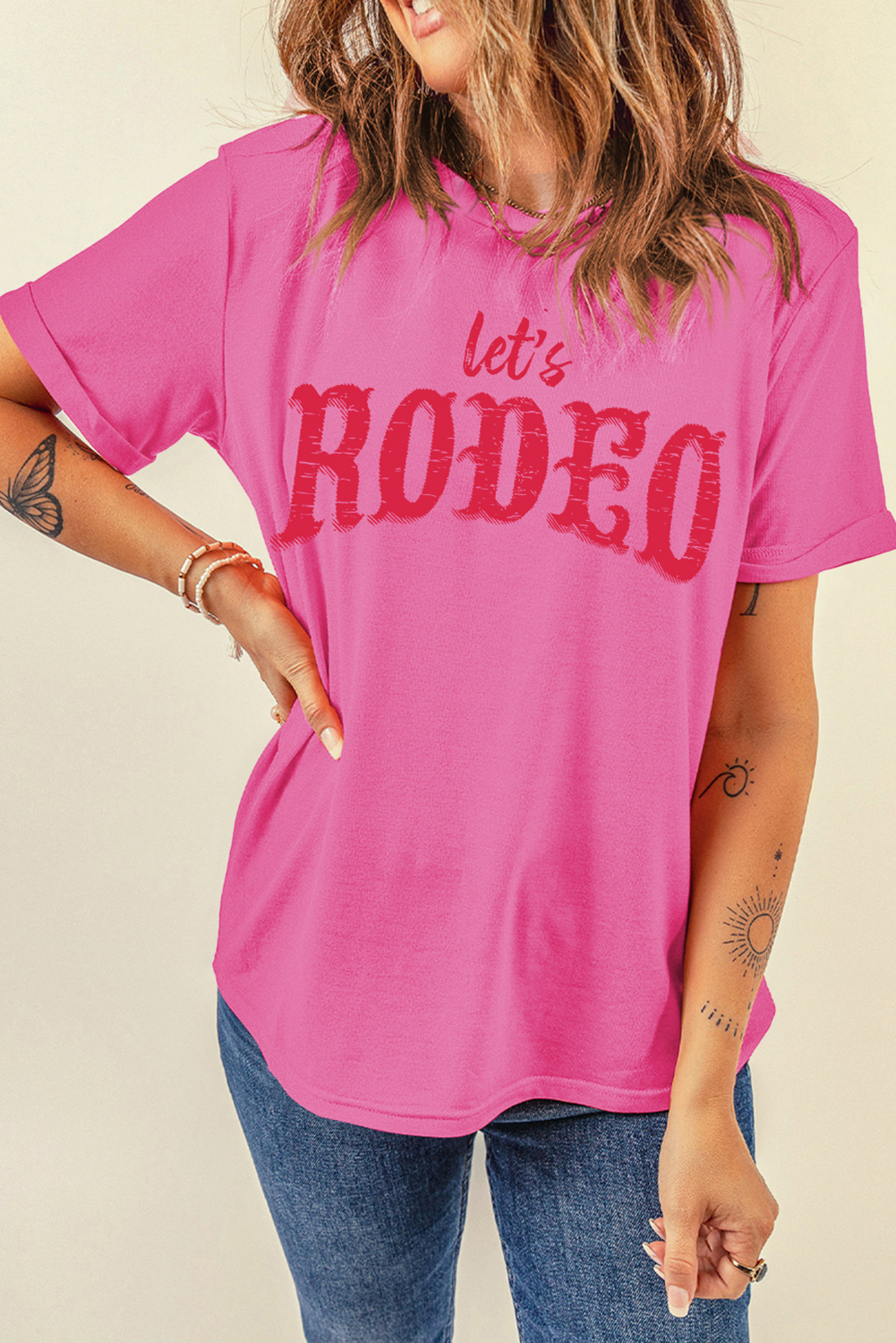 Rose Red Lets Rodeo Crew Neck Heat Transfer Printing Graphic Tee Graphic Tees 8a4dd4d9efa63965