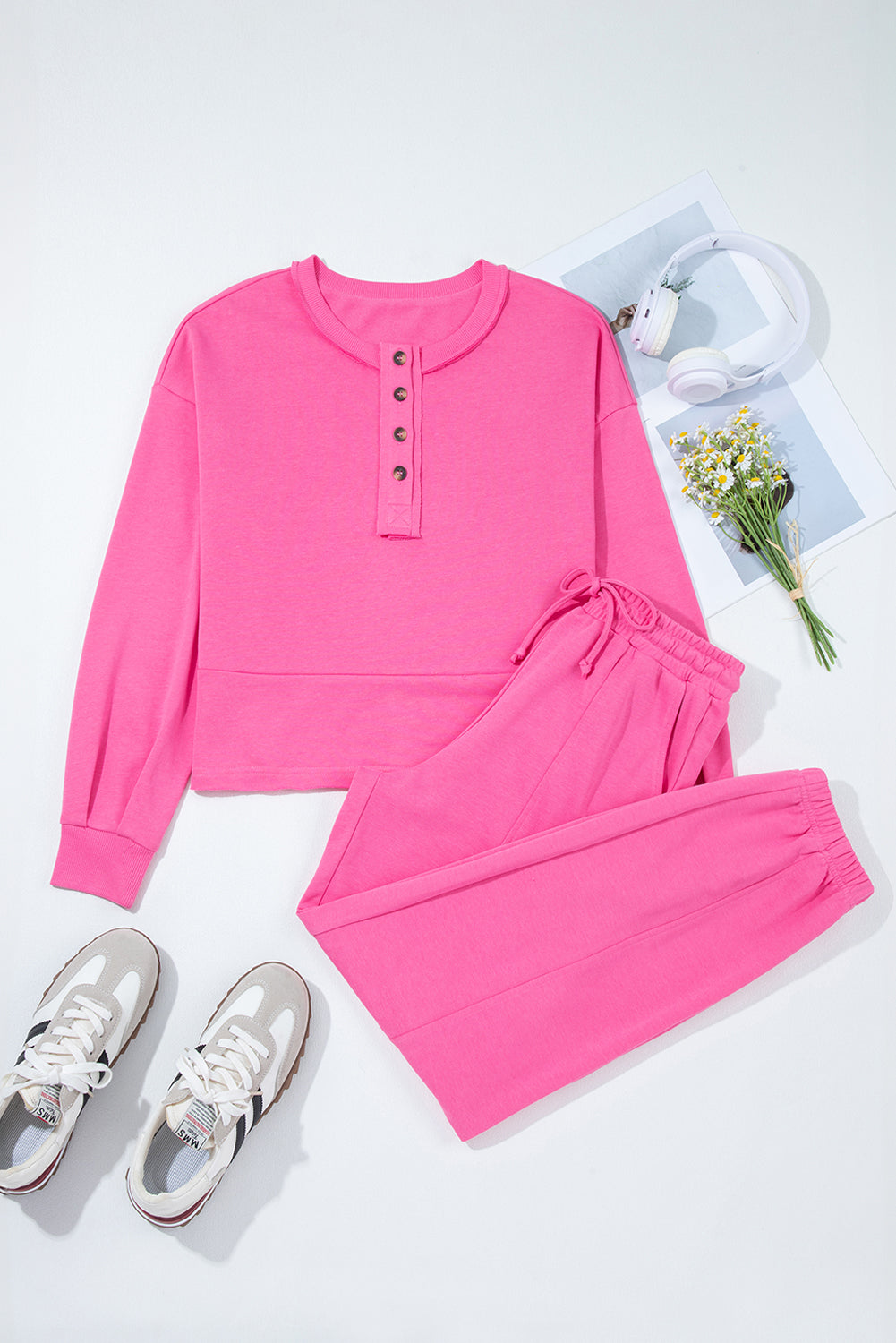 Bright Pink Raw Edge Henley Pullover and Jogger Pants Set Two Piece Pants Sets 8a6036bfa5640b1a