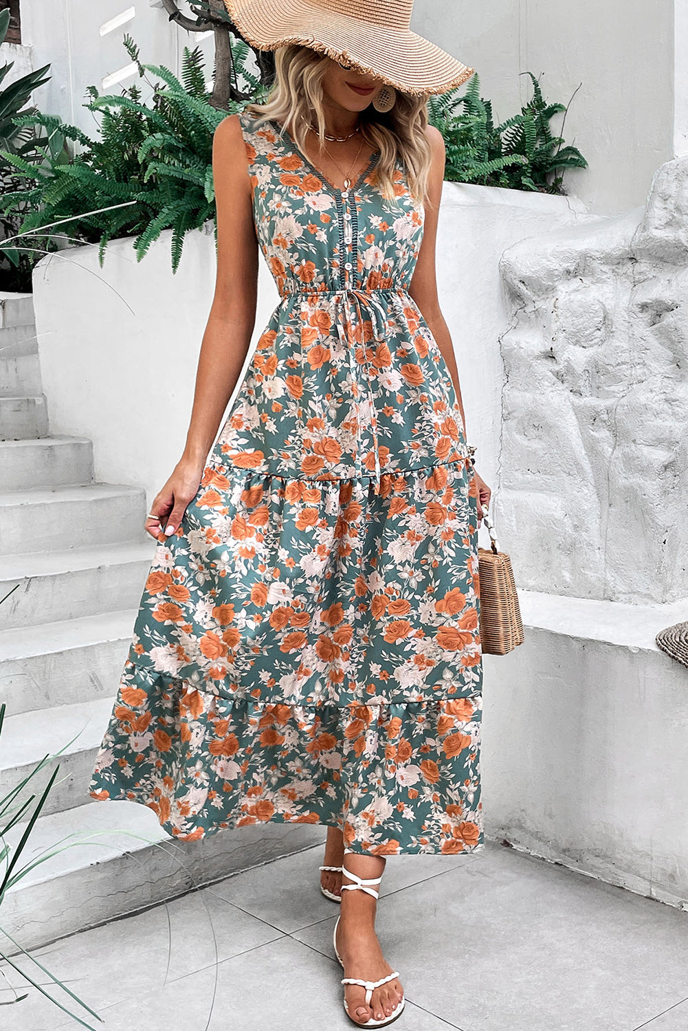 Green Floral Print Trimmed V Neck Sleeveless Vacation Dress Midi Dresses 8af6ec37c216bcb1
